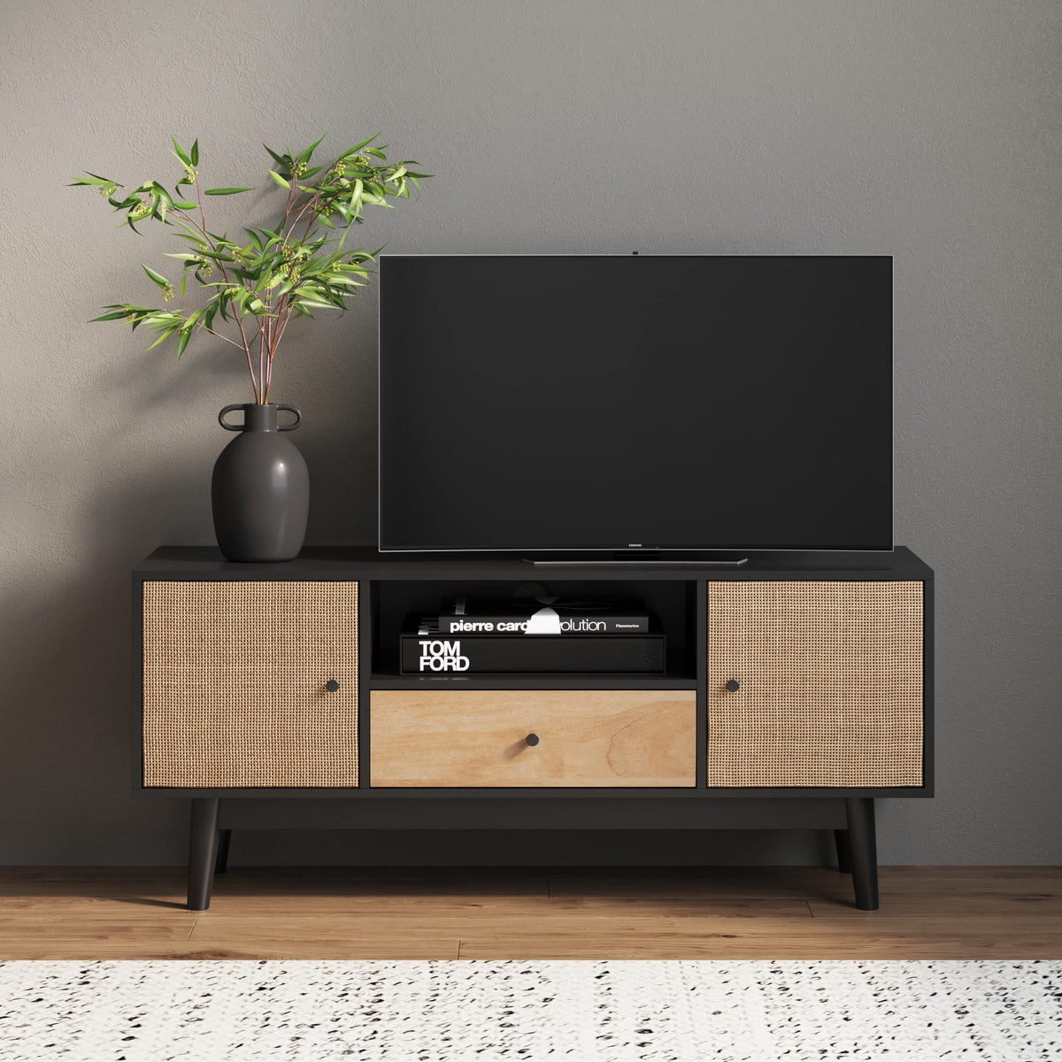 Black Oak Rattan TV Stand with Storage Doors G579