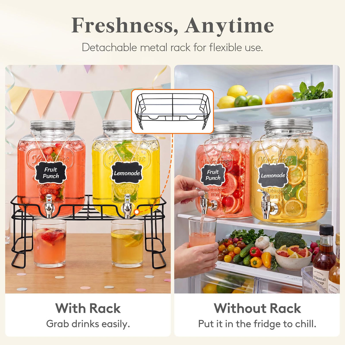 1.6 Gallon Glass Drink Dispenser with Stand & Fruit Infuser 2 Pcs U372