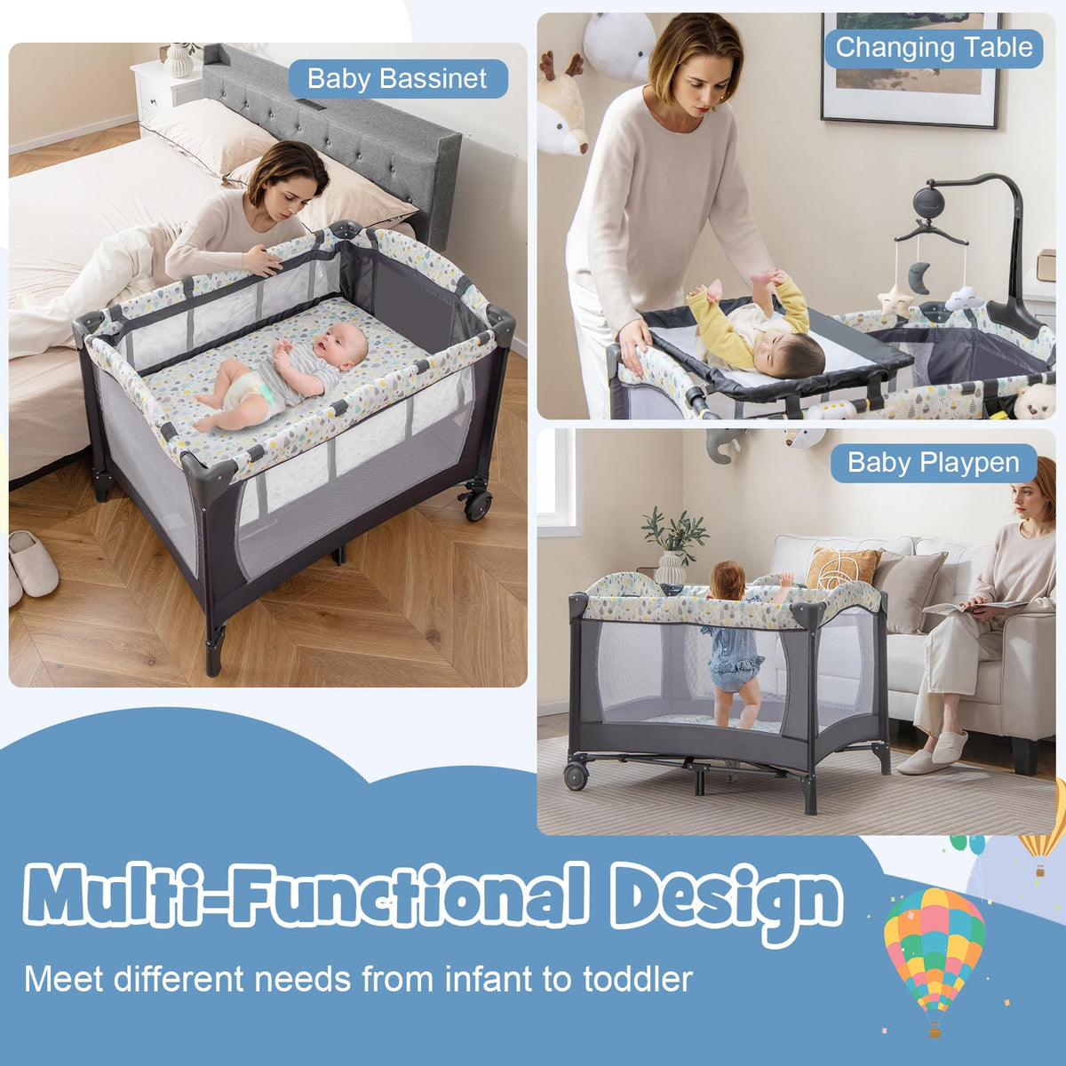 Portable Baby Playard with Bassinet and Changing Table M7080