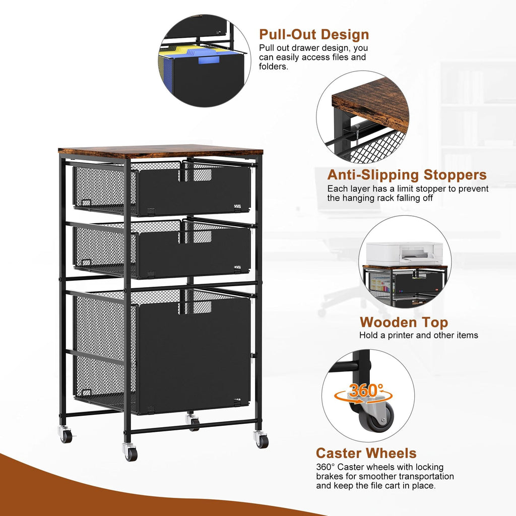Black 3 Drawer Rolling File Cabinet with Printer Stand K2958