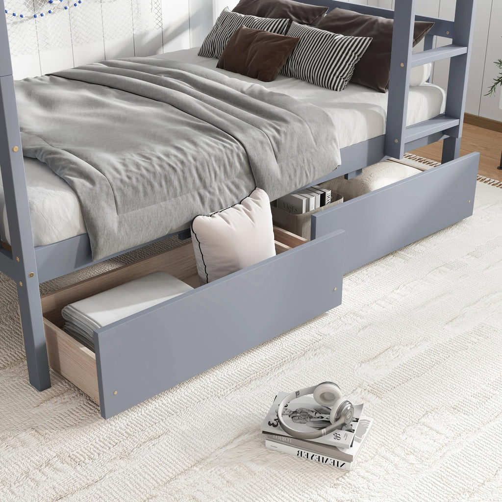Twin Over Twin Bunk Bed with Storage Drawers Grey K3333