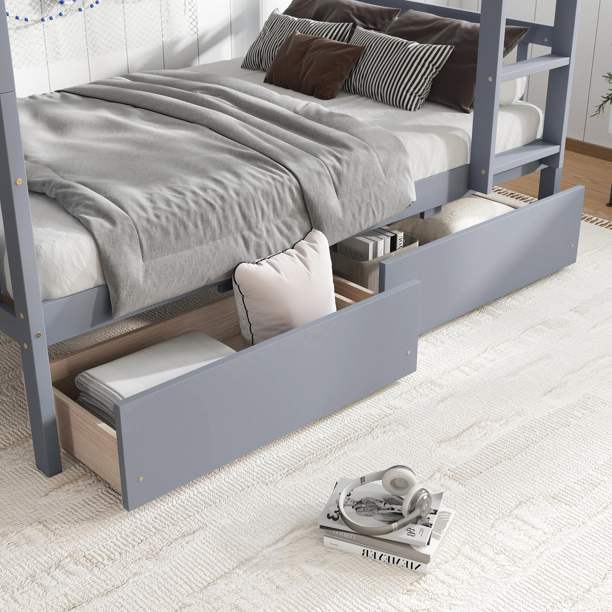 Twin Over Twin Bunk Bed with Storage Drawers Grey K3333