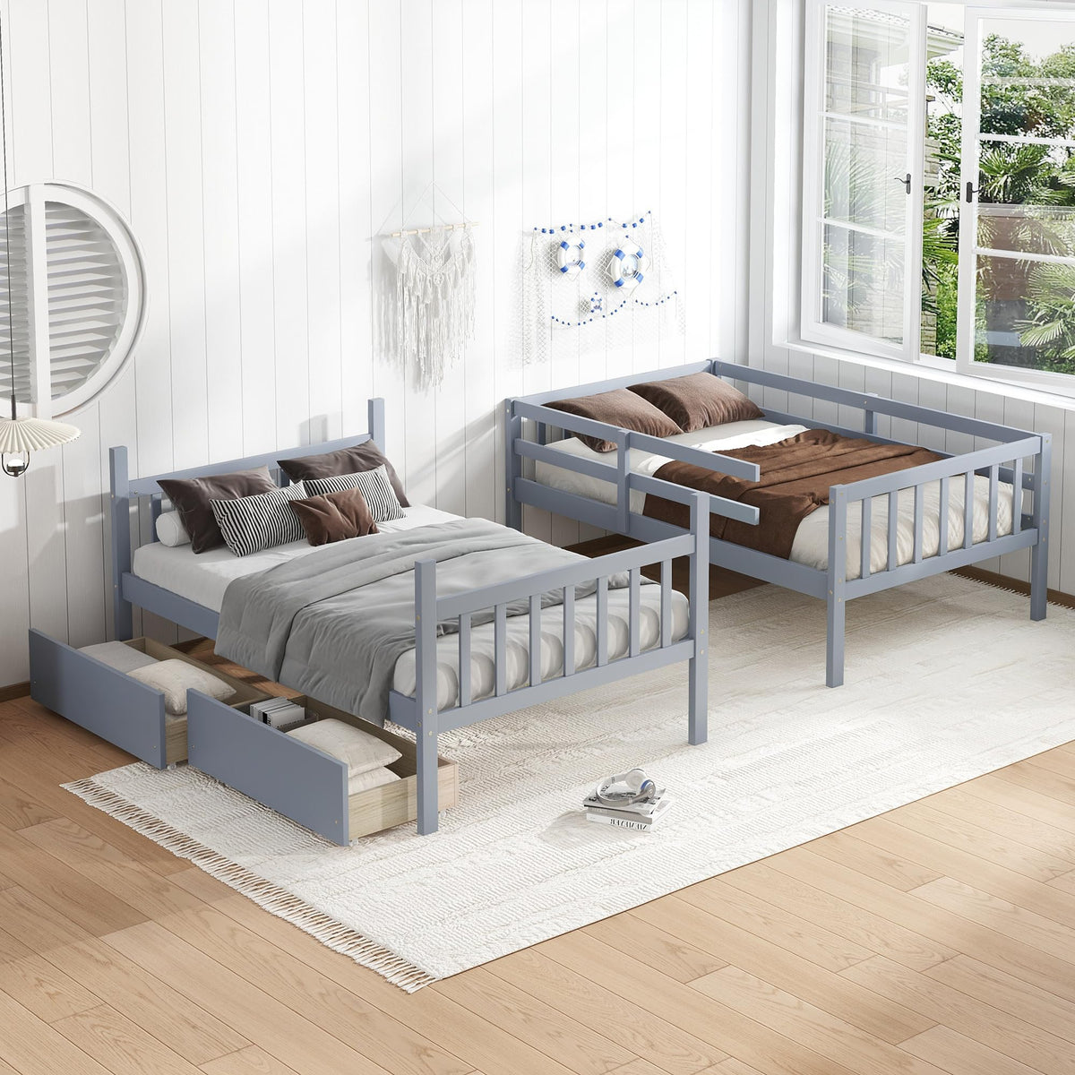 Twin Over Twin Bunk Bed with Storage Drawers Grey K3333