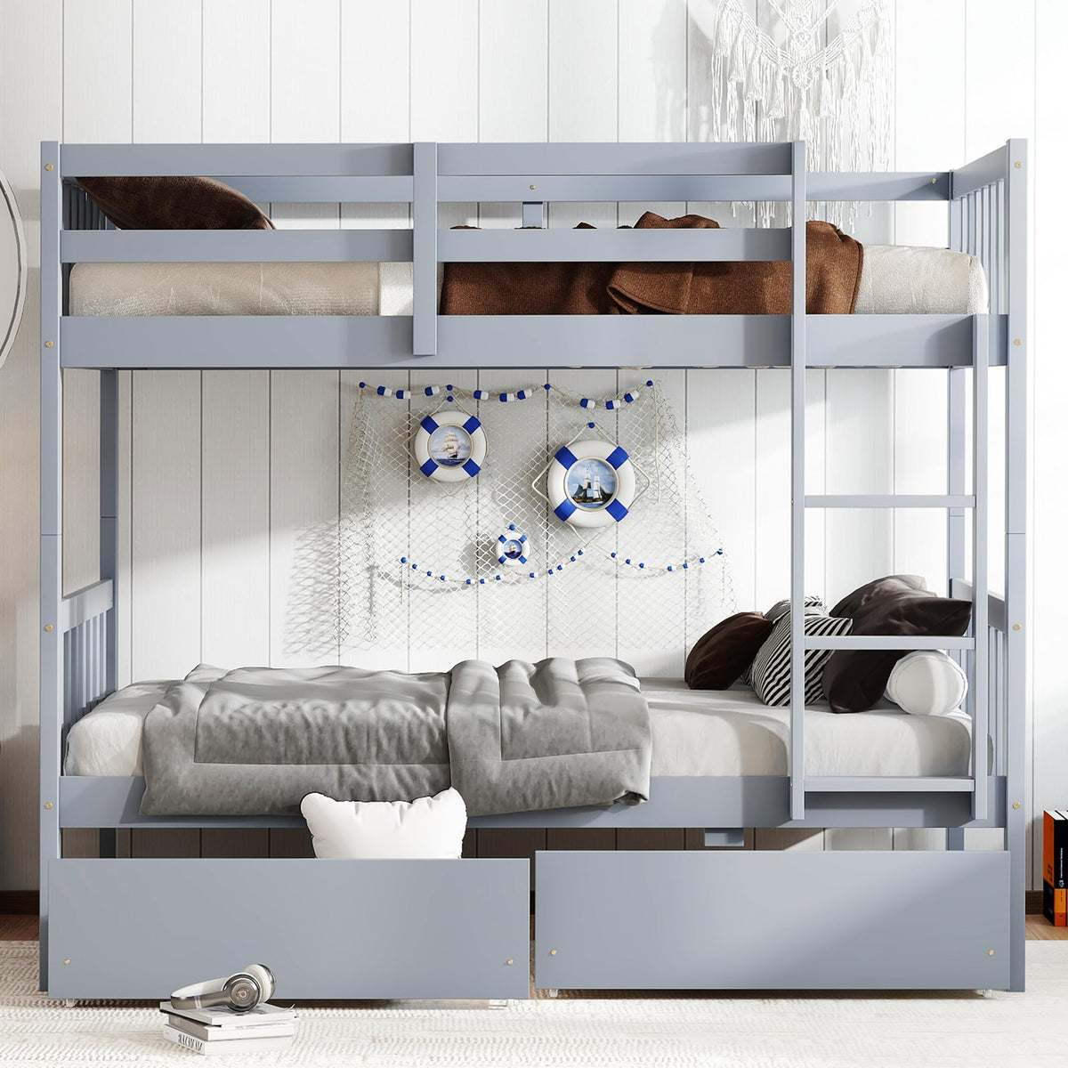 Twin Over Twin Bunk Bed with Storage Drawers Grey K3333