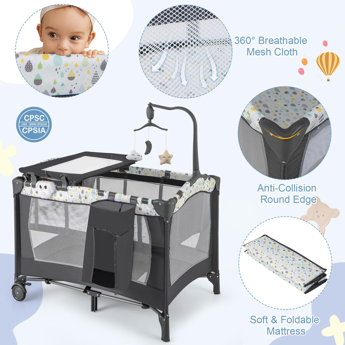 Portable Baby Playard with Bassinet and Changing Table M7080