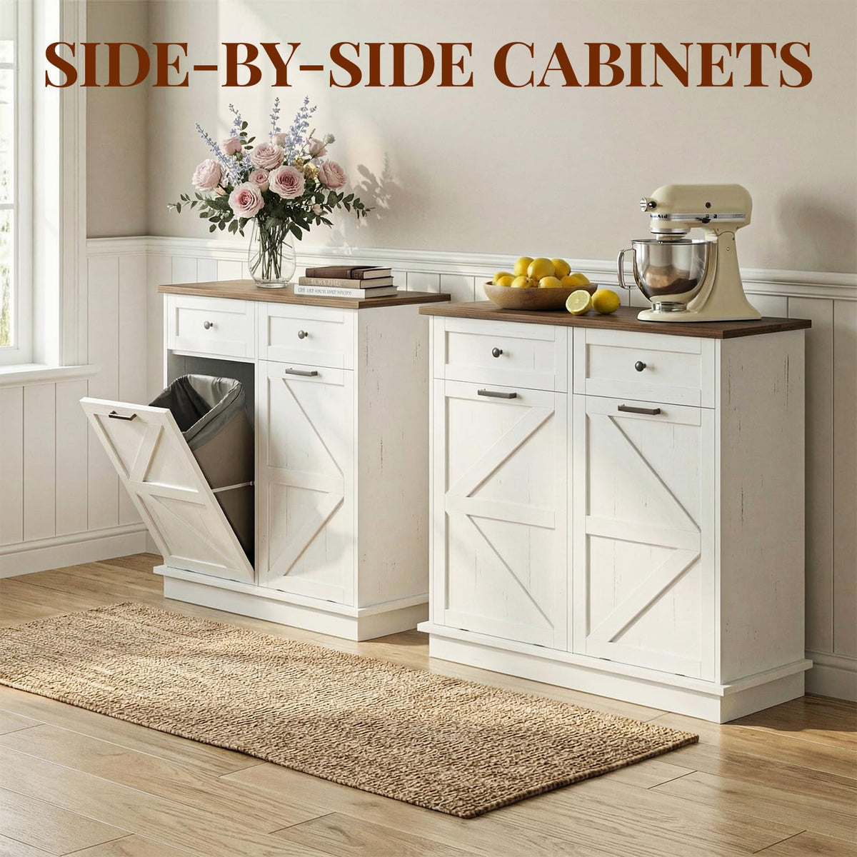 Brown White Double Tilt Out Trash Cabinet with Drawers G62988