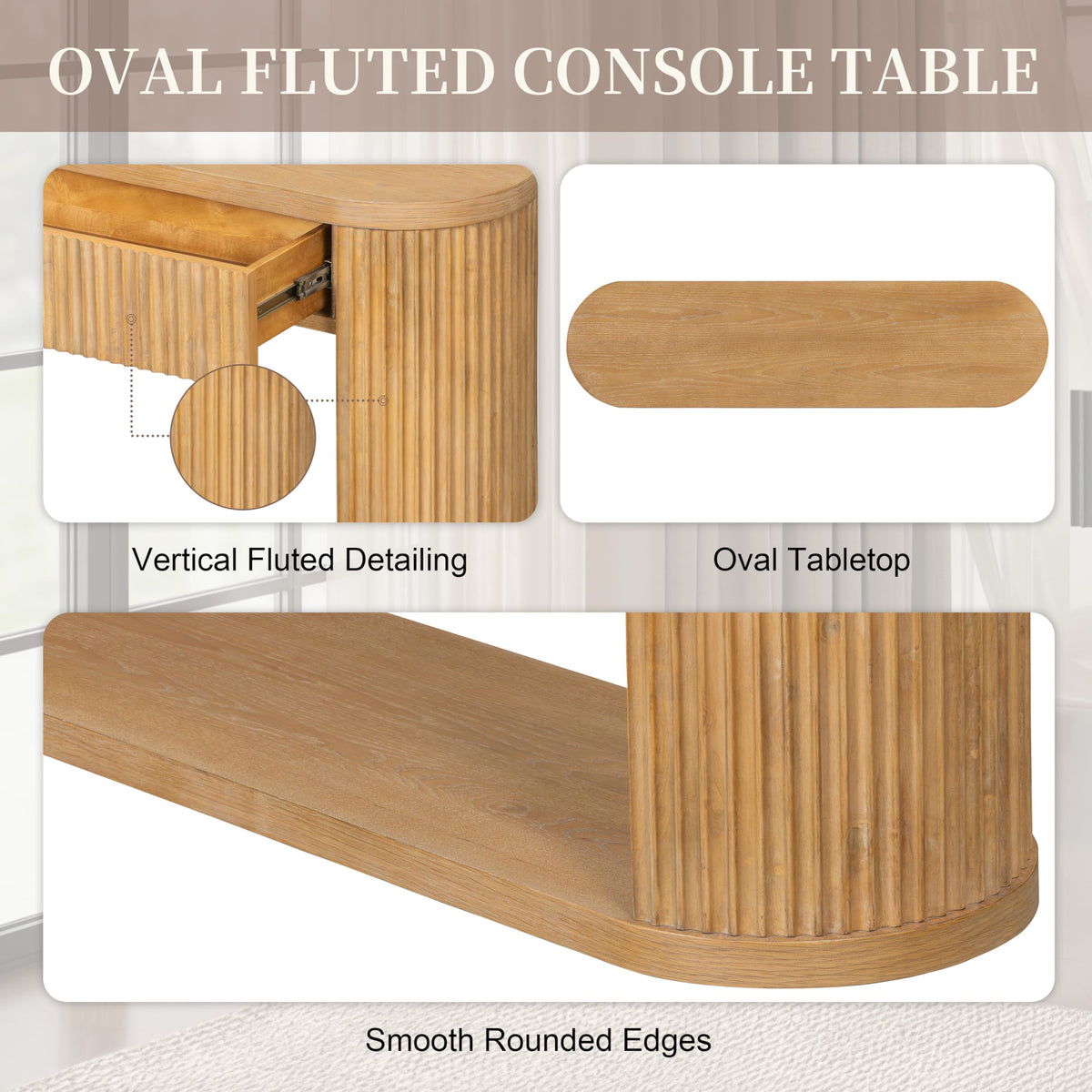 Fluted Console Table 2 Drawers Wood Natural O21546