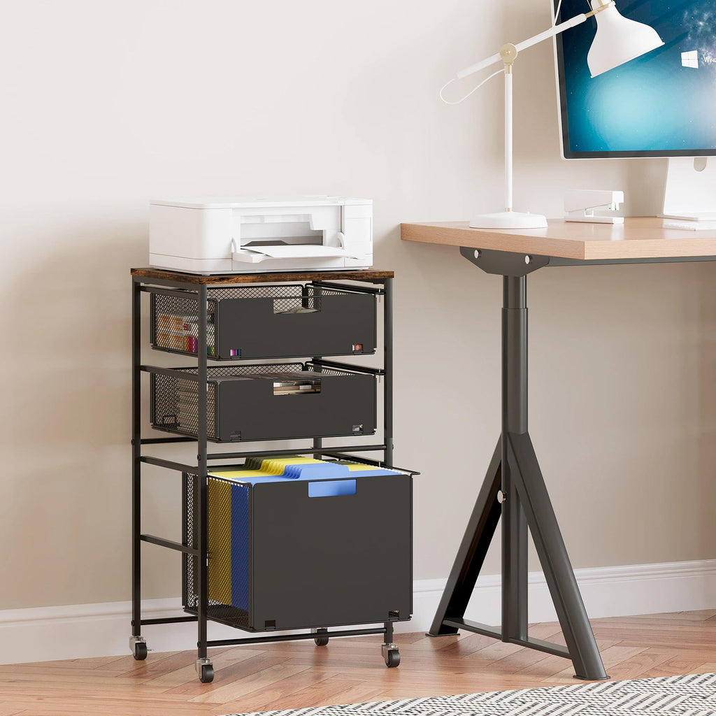 Black 3 Drawer Rolling File Cabinet with Printer Stand K2958