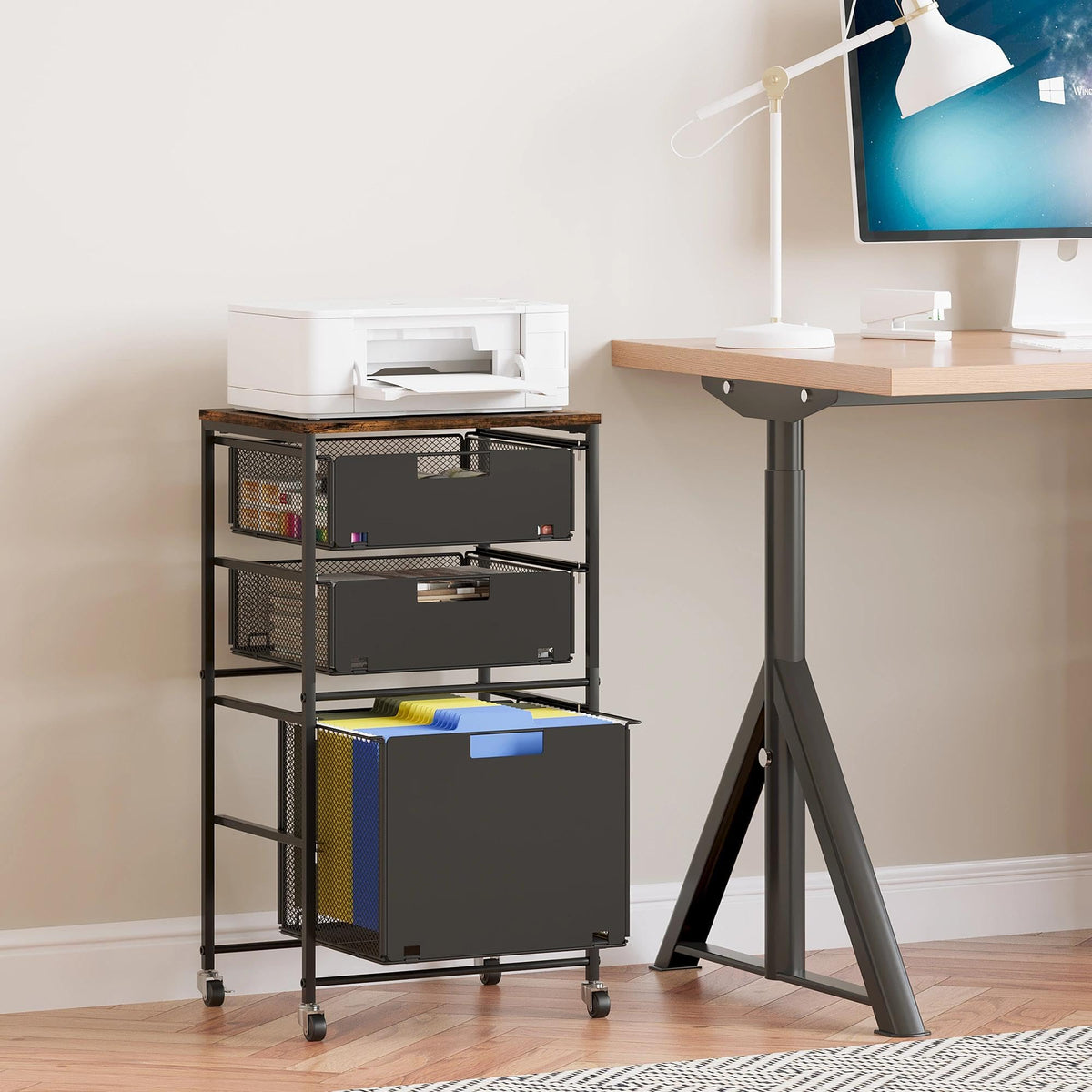 Black 3 Drawer Rolling File Cabinet with Printer Stand K2958