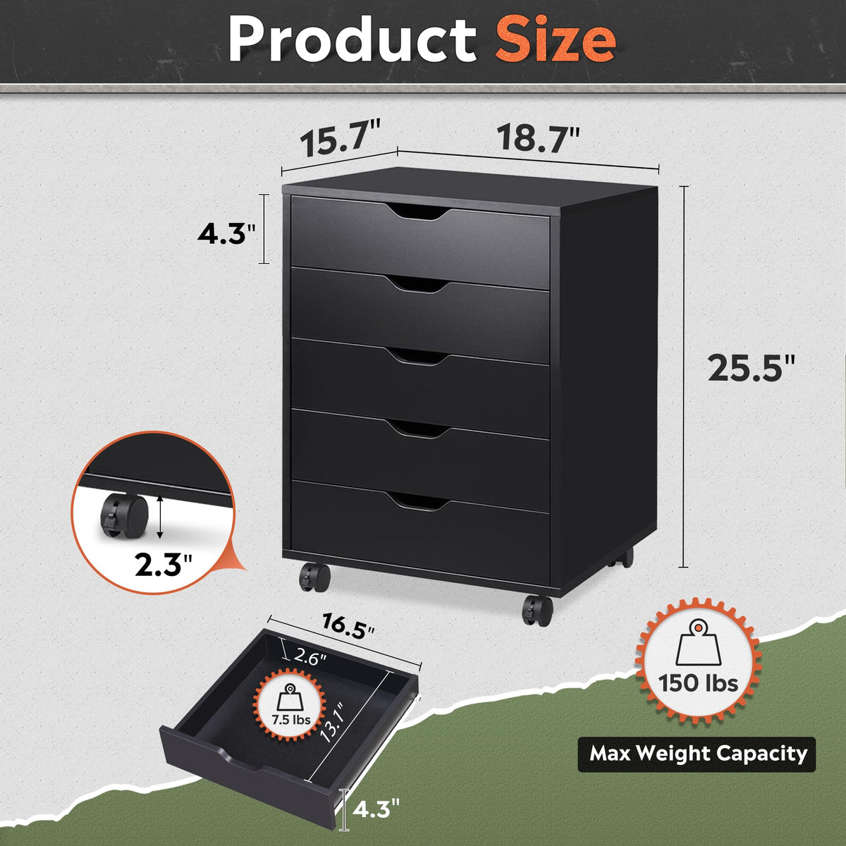 5 Drawer Black Filing Cabinet L86761