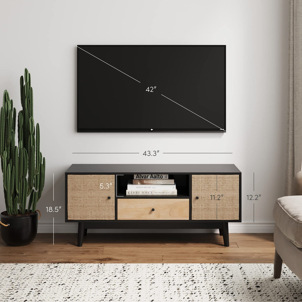 Black Oak Rattan TV Stand with Storage Doors G579