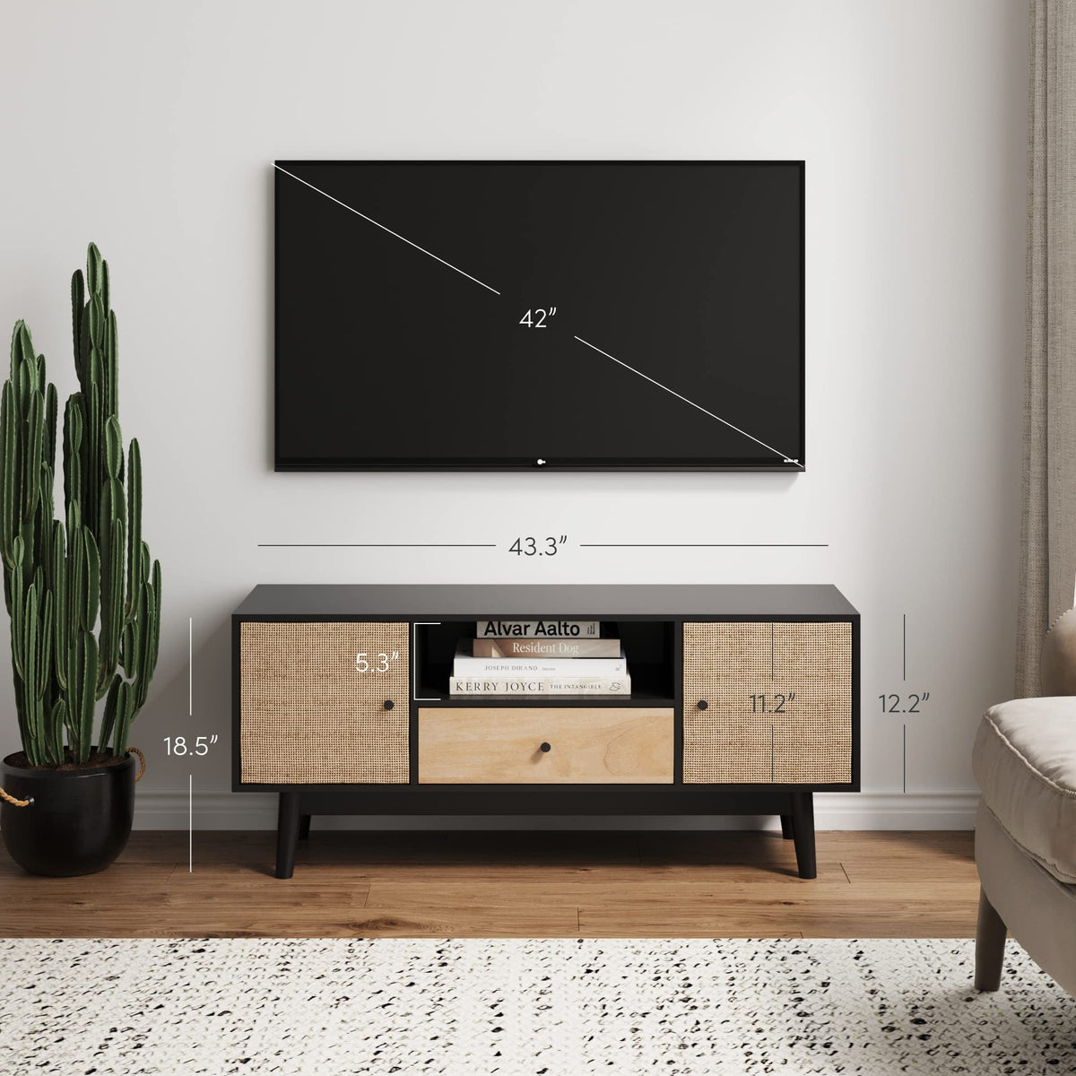 Black Oak Rattan TV Stand with Storage Doors G579