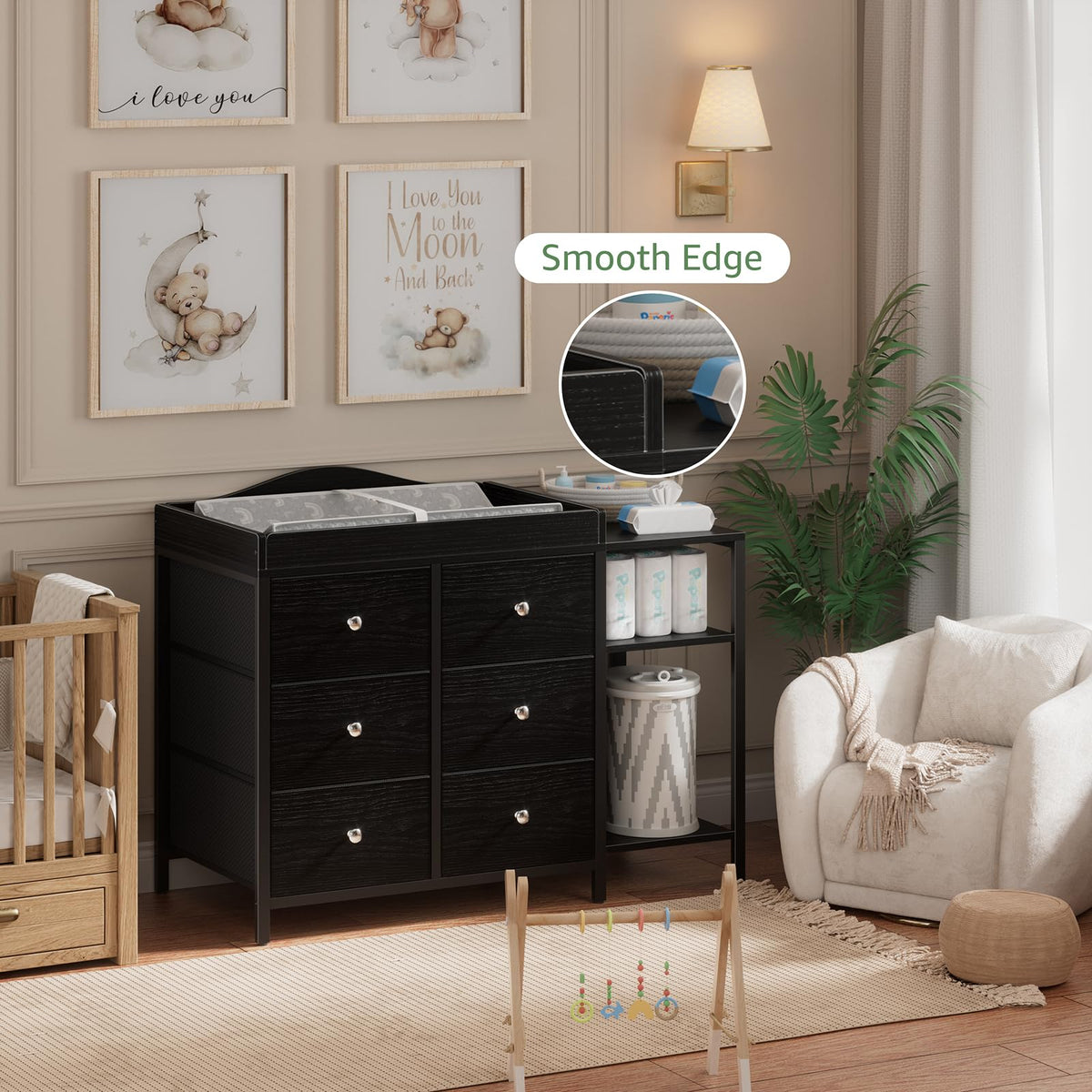 Black 6 Drawer Baby Dresser with Changing Table Top Z914622