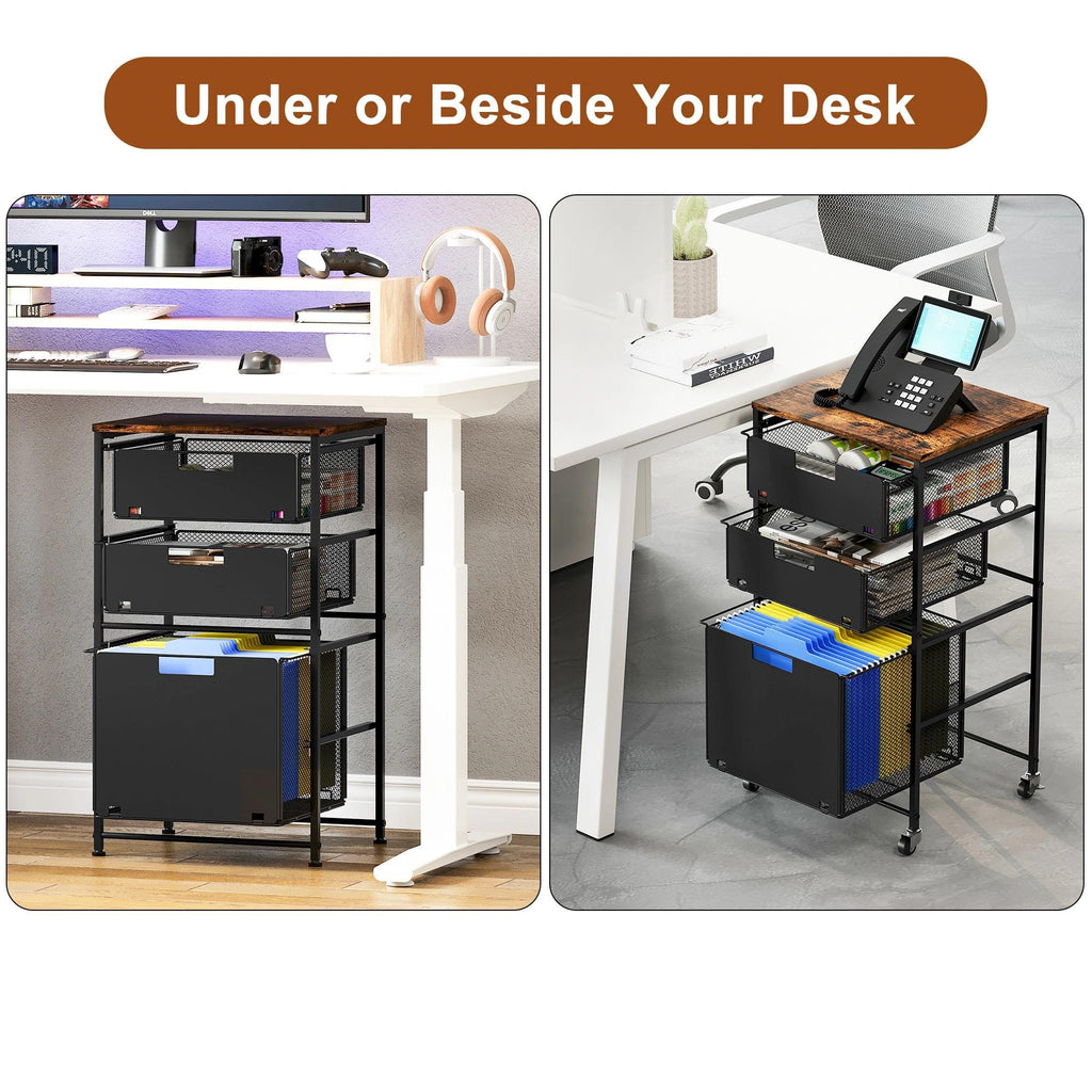 Black 3 Drawer Rolling File Cabinet with Printer Stand K2958