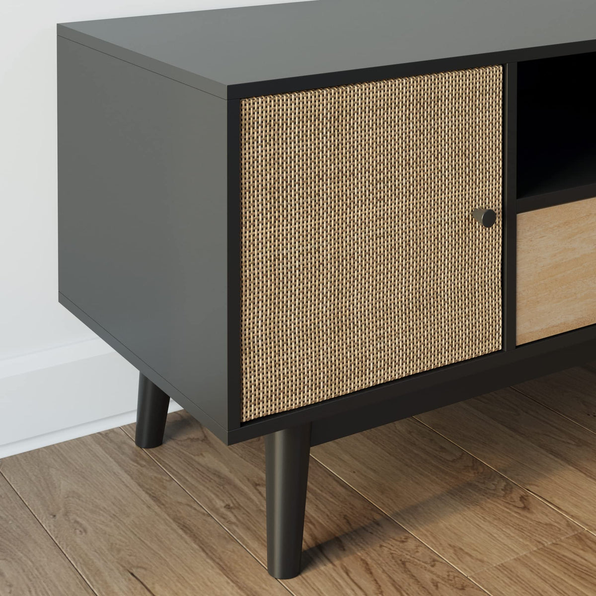 Black Oak Rattan TV Stand with Storage Doors G579