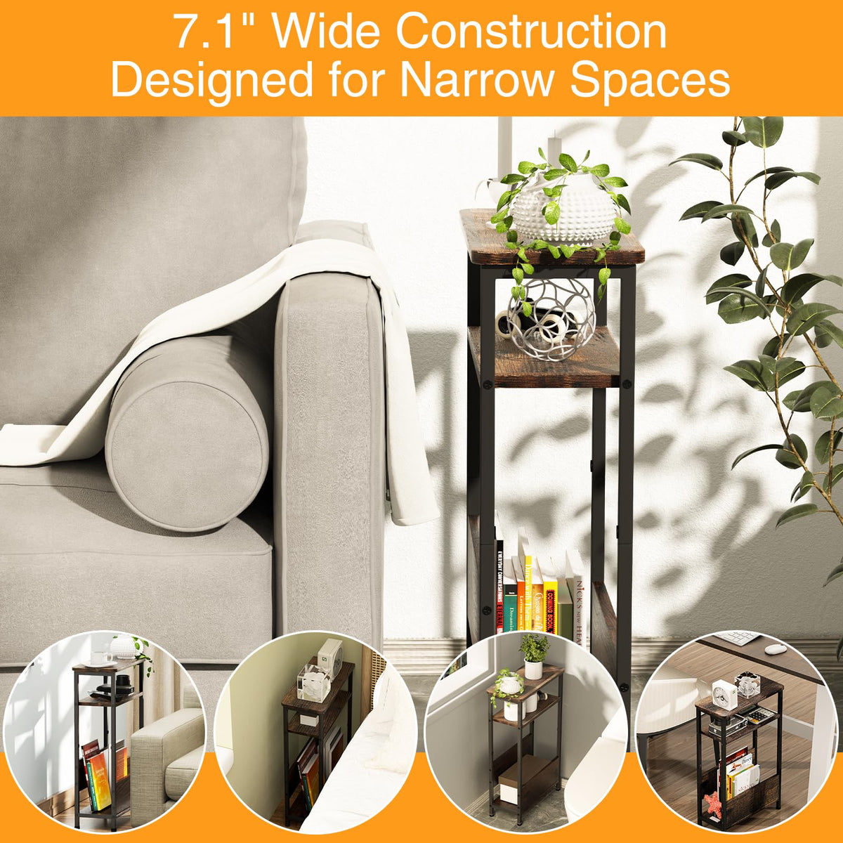 7.1" Narrow 3 Tier Side Table with Magazine Holder J123