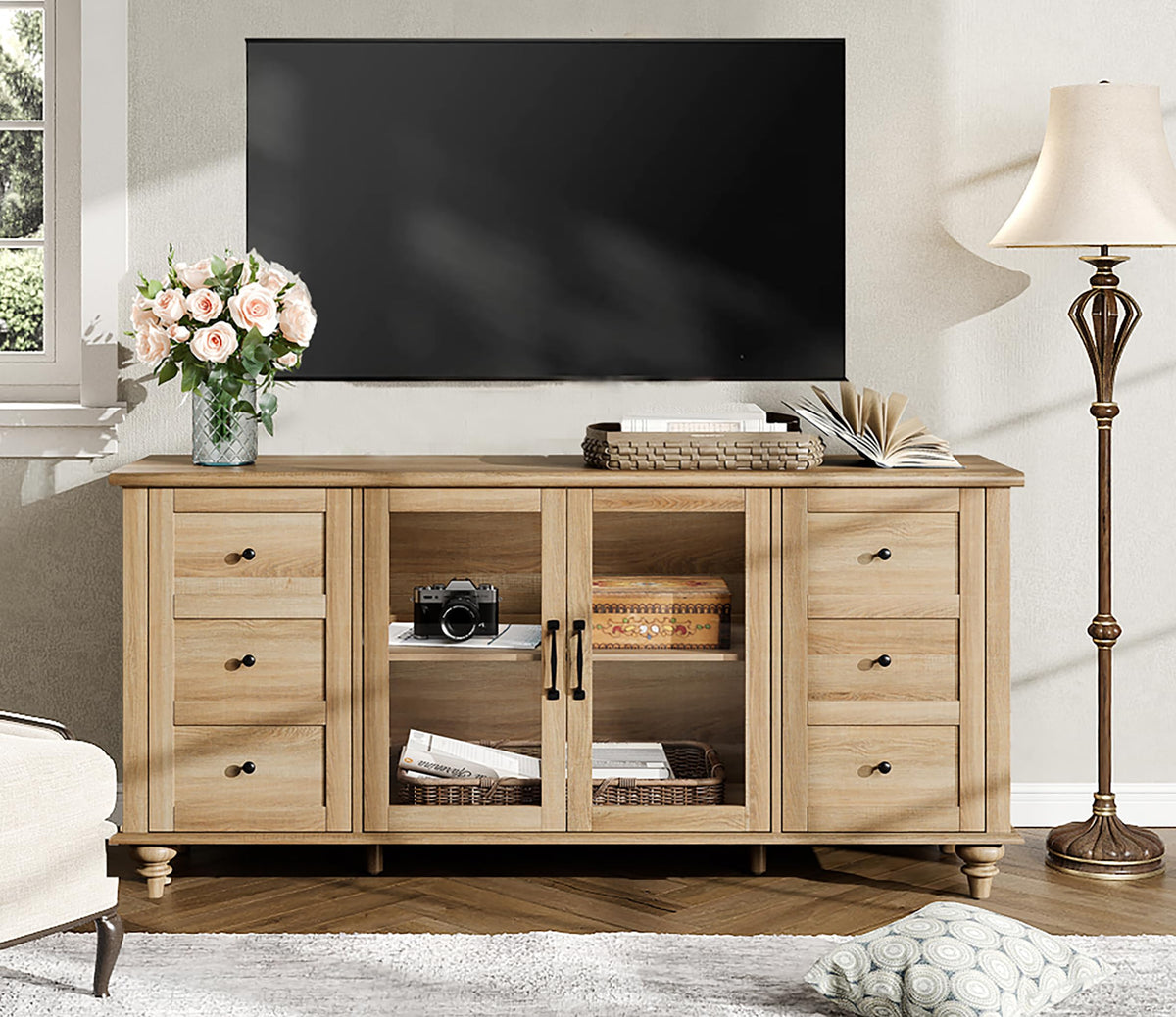 Wood TV Stand for 65 Inch TV with Glass Door D565715