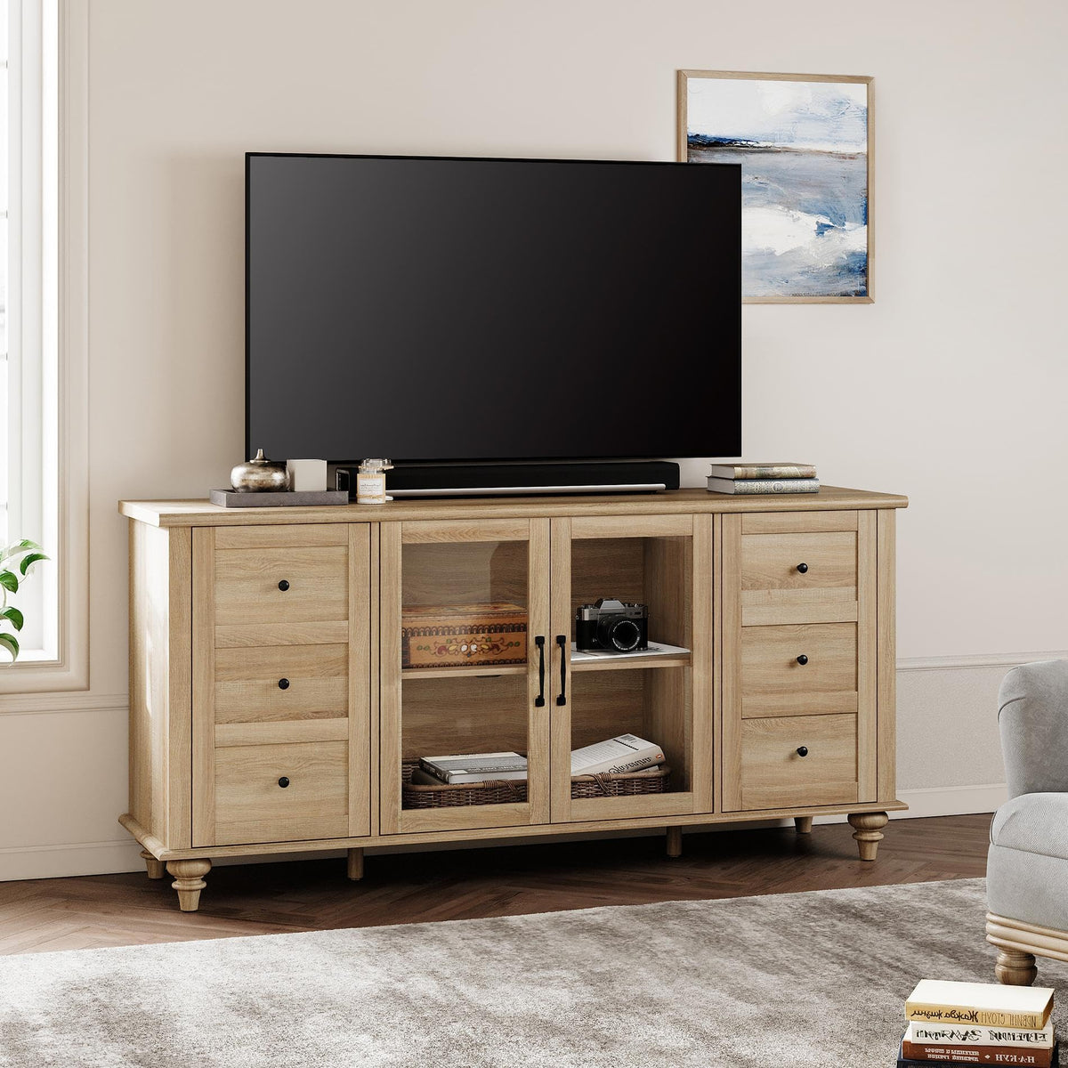 Wood TV Stand for 65 Inch TV with Glass Door D565715