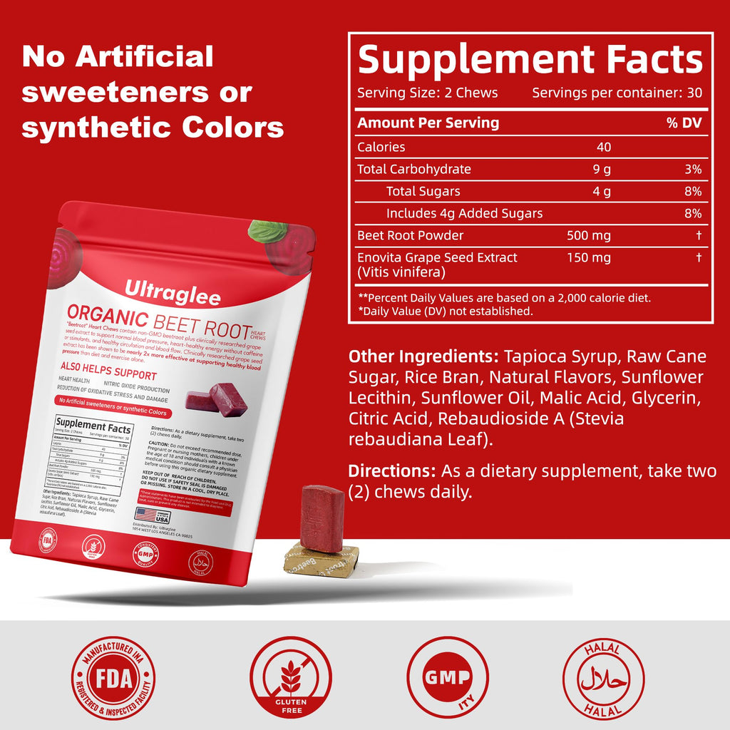 Beet Root Chewable Nitric Oxide Support Soft Chews 60 Pomegranate Berry Flavor H230