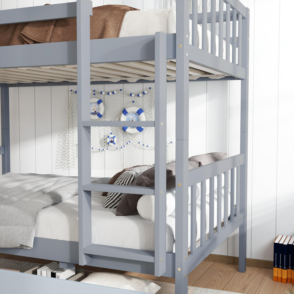 Twin Over Twin Bunk Bed with Storage Drawers Grey K3333