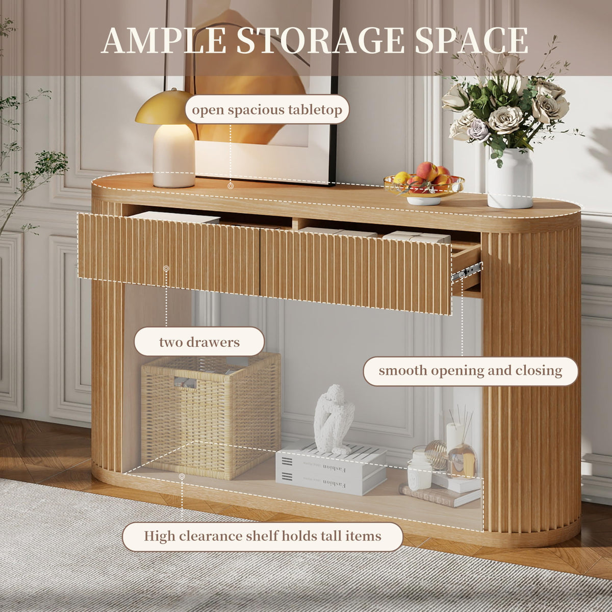 Fluted Console Table 2 Drawers Wood Natural O21546