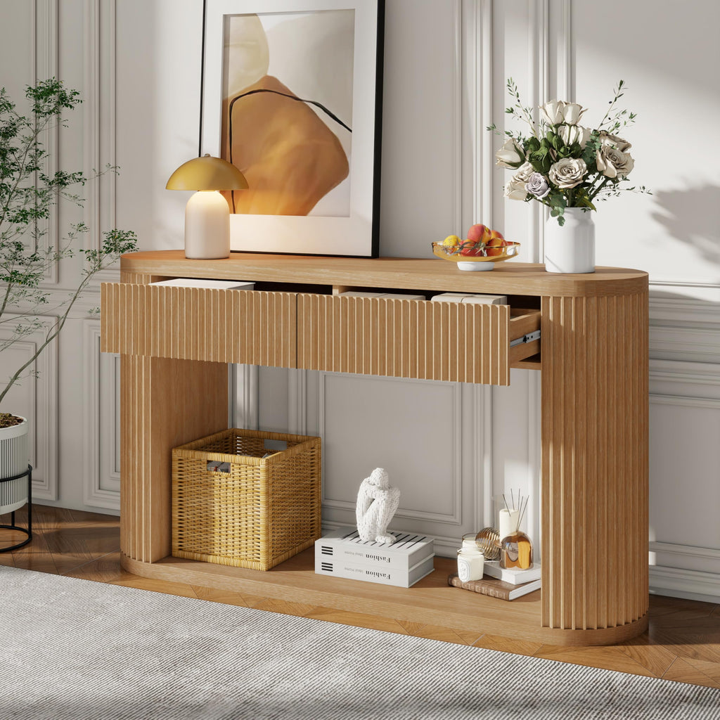 Fluted Console Table 2 Drawers Wood Natural O21546