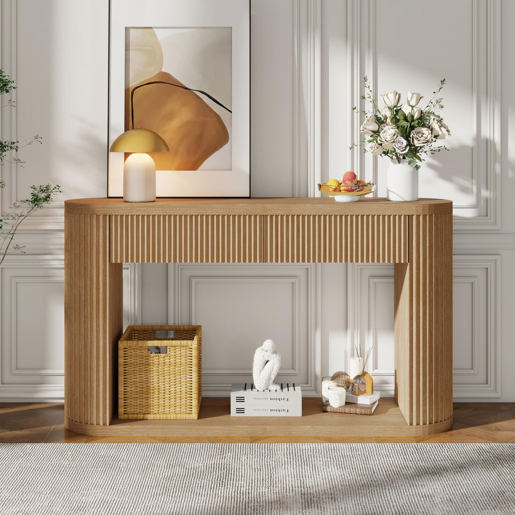 Fluted Console Table 2 Drawers Wood Natural O21546
