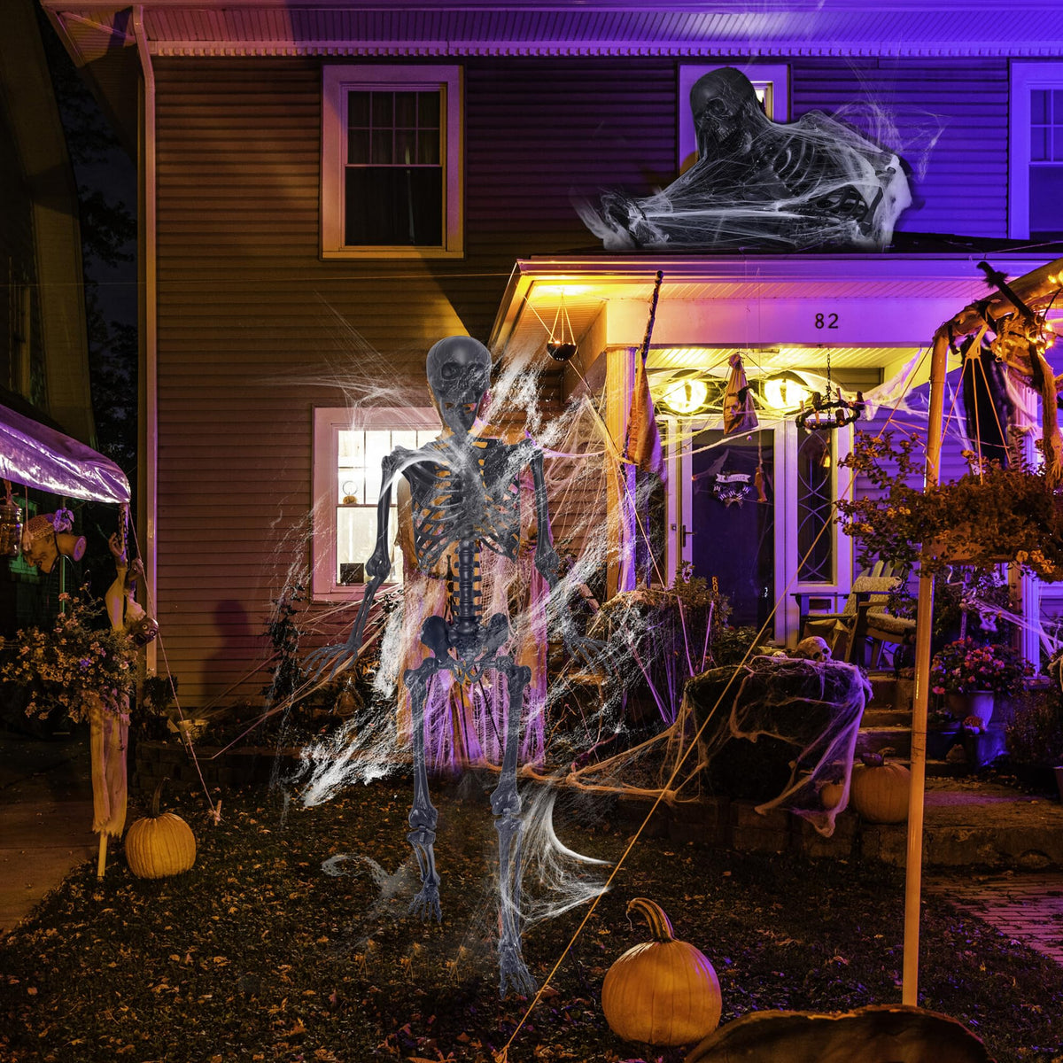 5.4Ft Poseable Skeleton with Spider Webs and Fake Spiders F3537