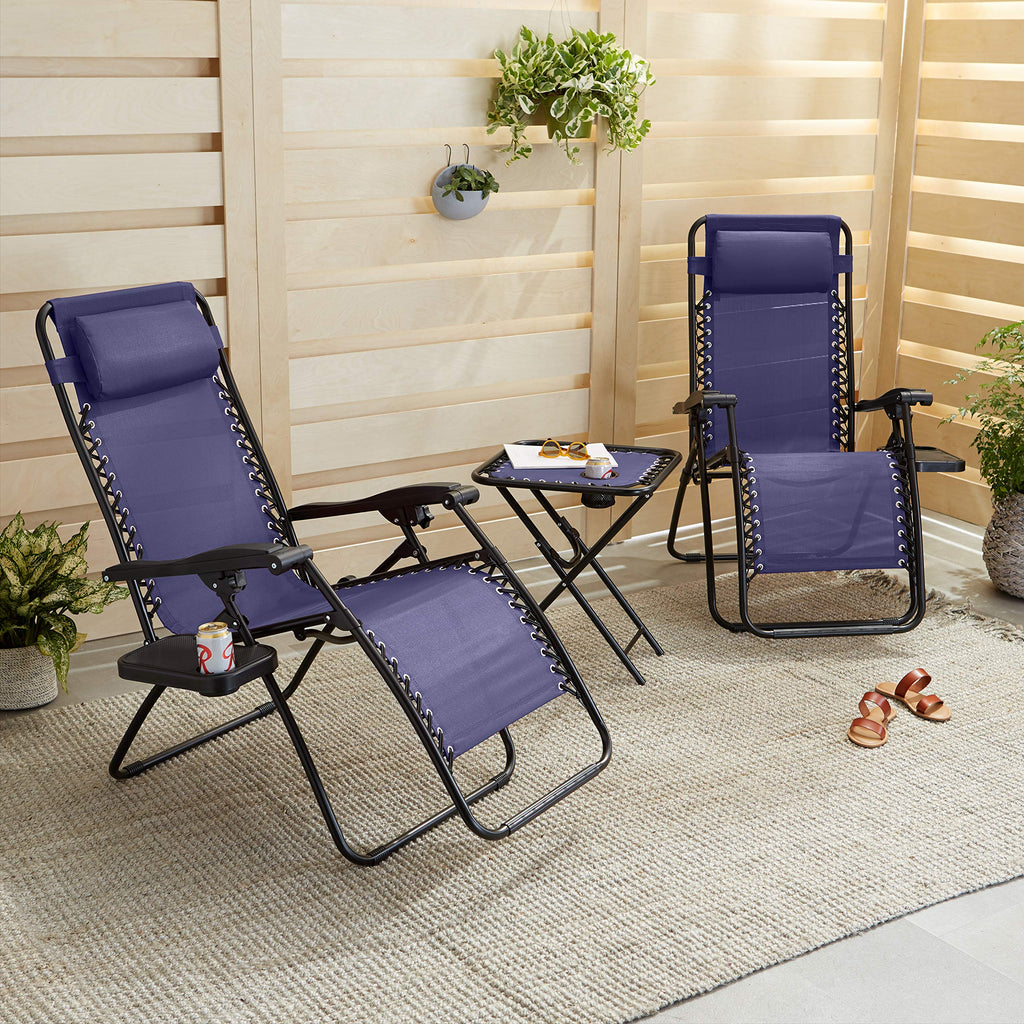 Blue Set of 2 Adjustable Zero Gravity Lounge Chair with Cup Holder T4319