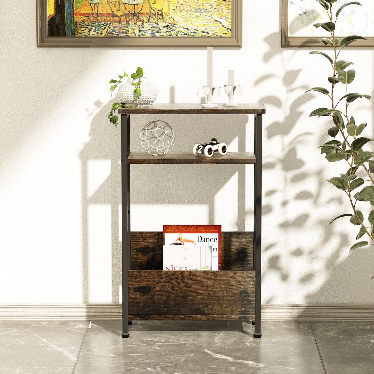 7.1" Narrow 3 Tier Side Table with Magazine Holder J123